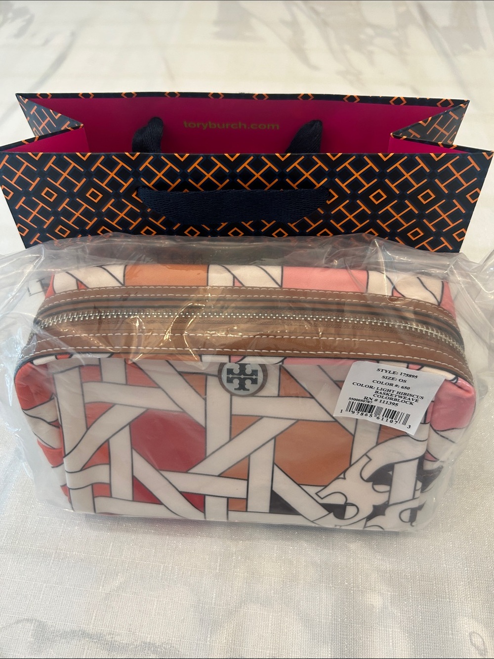 Tory Burch Pink & Orange Pattern Cosmetic Pouch BNWT light Hibiscus